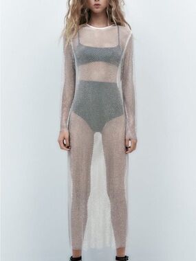 Zara Sheer Fishnet Long-Sleeve Maxi Dress - White